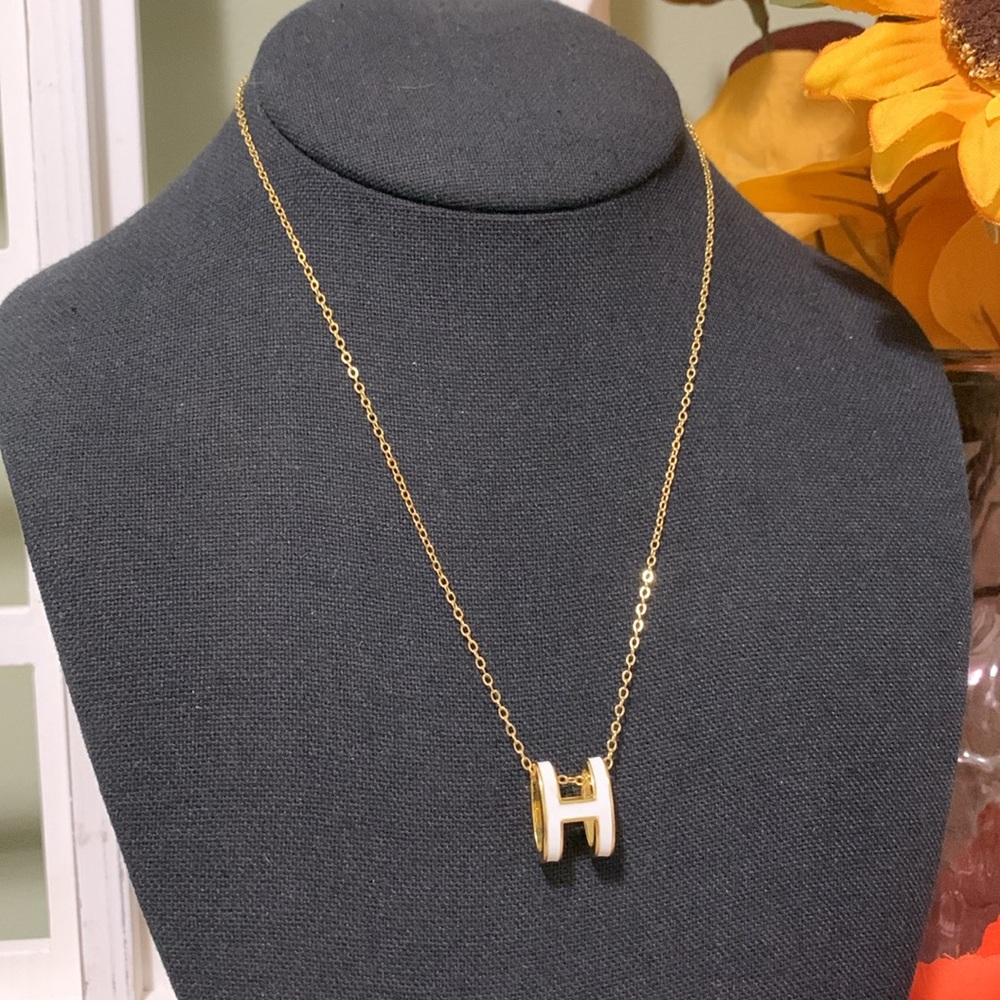 Mini Pop "H" Necklace Gold Tone 925 Stamped Chain w/ S925 White Enamel H Pendant - Picture 2 of 8